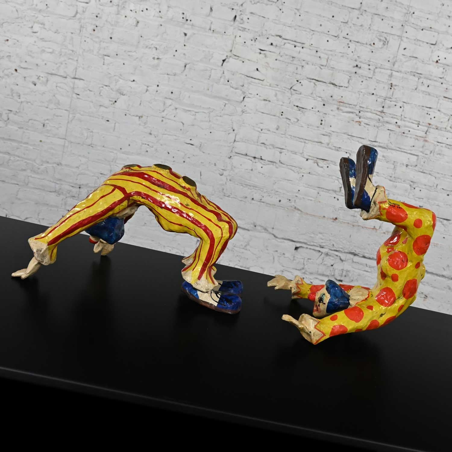 Pair Handmade Painted Acrobatic Papier Mache Clowns Mexico Attr Jeanne Valentine For Sale 7