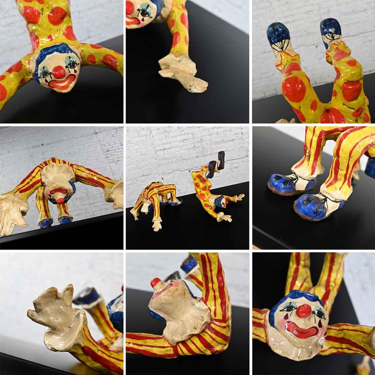 Pair Handmade Painted Acrobatic Papier Mache Clowns Mexico Attr Jeanne Valentine For Sale 11