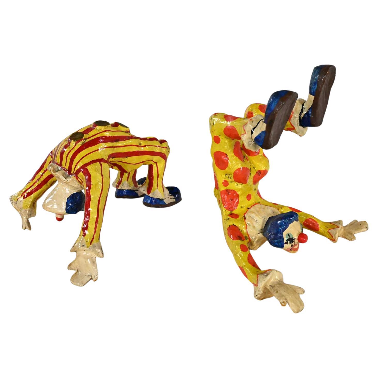 Pair Handmade Painted Acrobatic Papier Mache Clowns Mexico Attr Jeanne Valentine For Sale