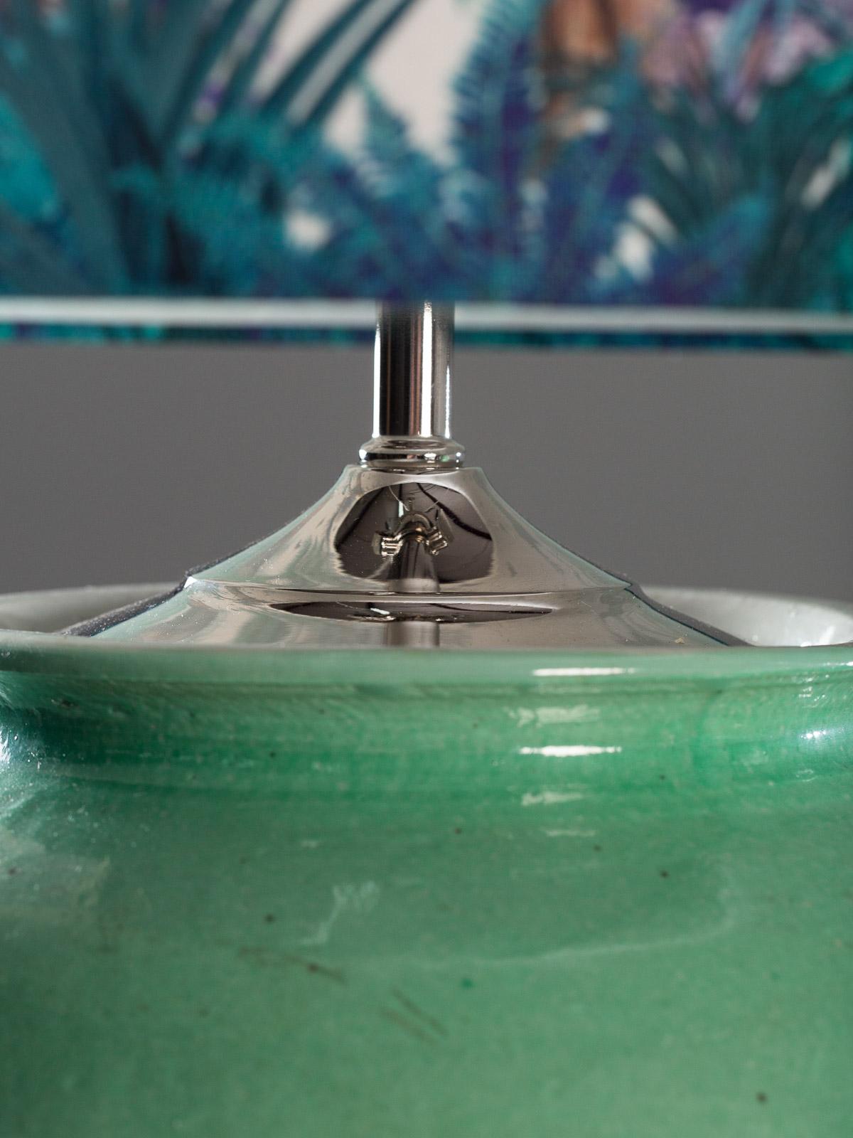 Handmade Turquoise Glazed Ceramic Vases Lamps Custom Lion Hand Made Shades, Pair For Sale 6