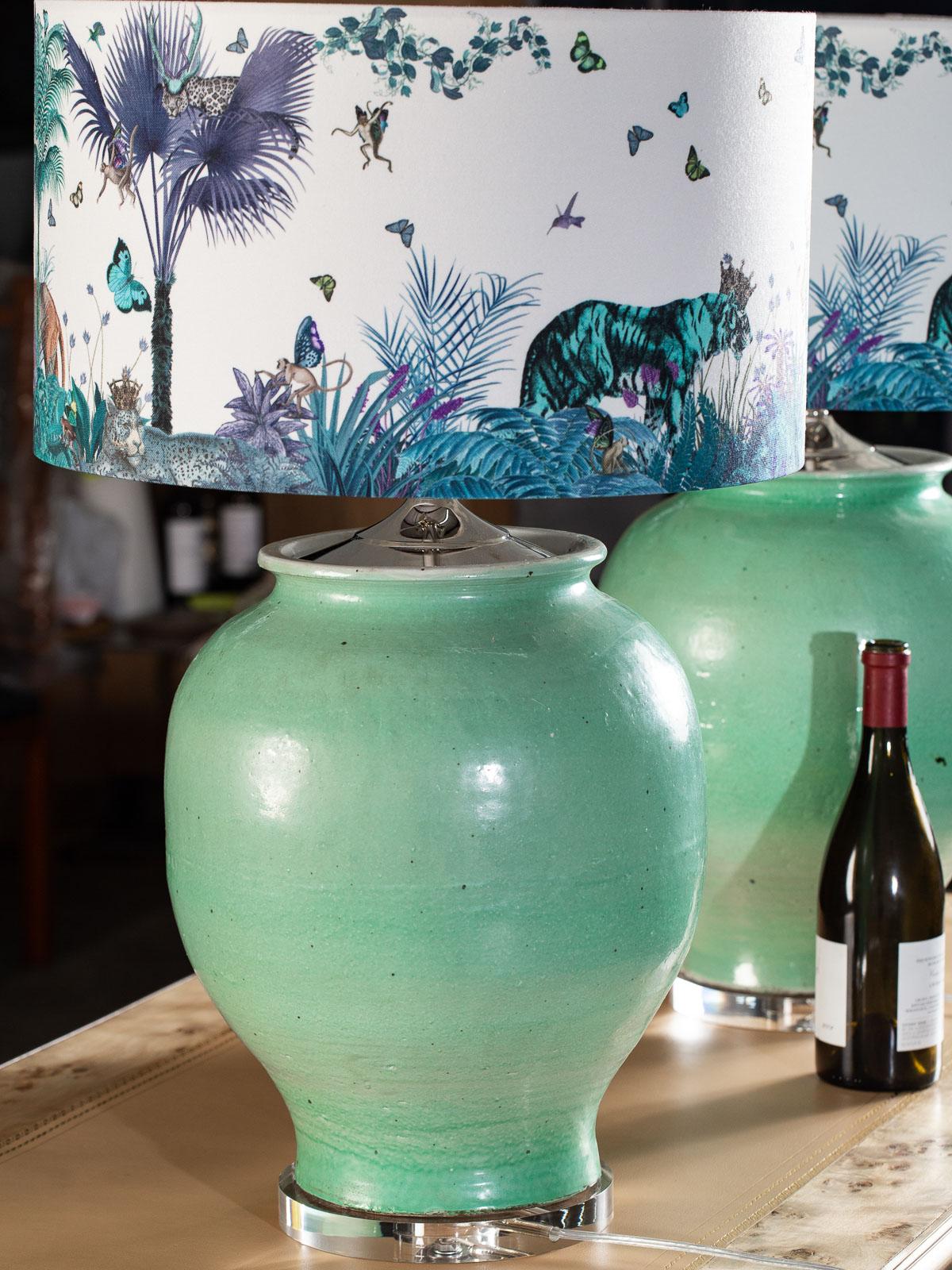 Handmade Turquoise Glazed Ceramic Vases Lamps Custom Lion Hand Made Shades, Pair For Sale 8