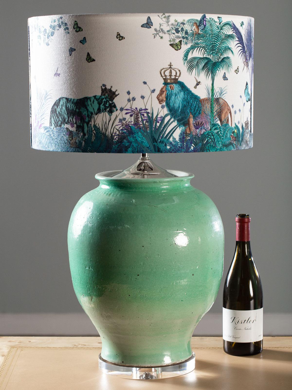 English Handmade Turquoise Glazed Ceramic Vases Lamps Custom Lion Hand Made Shades, Pair For Sale