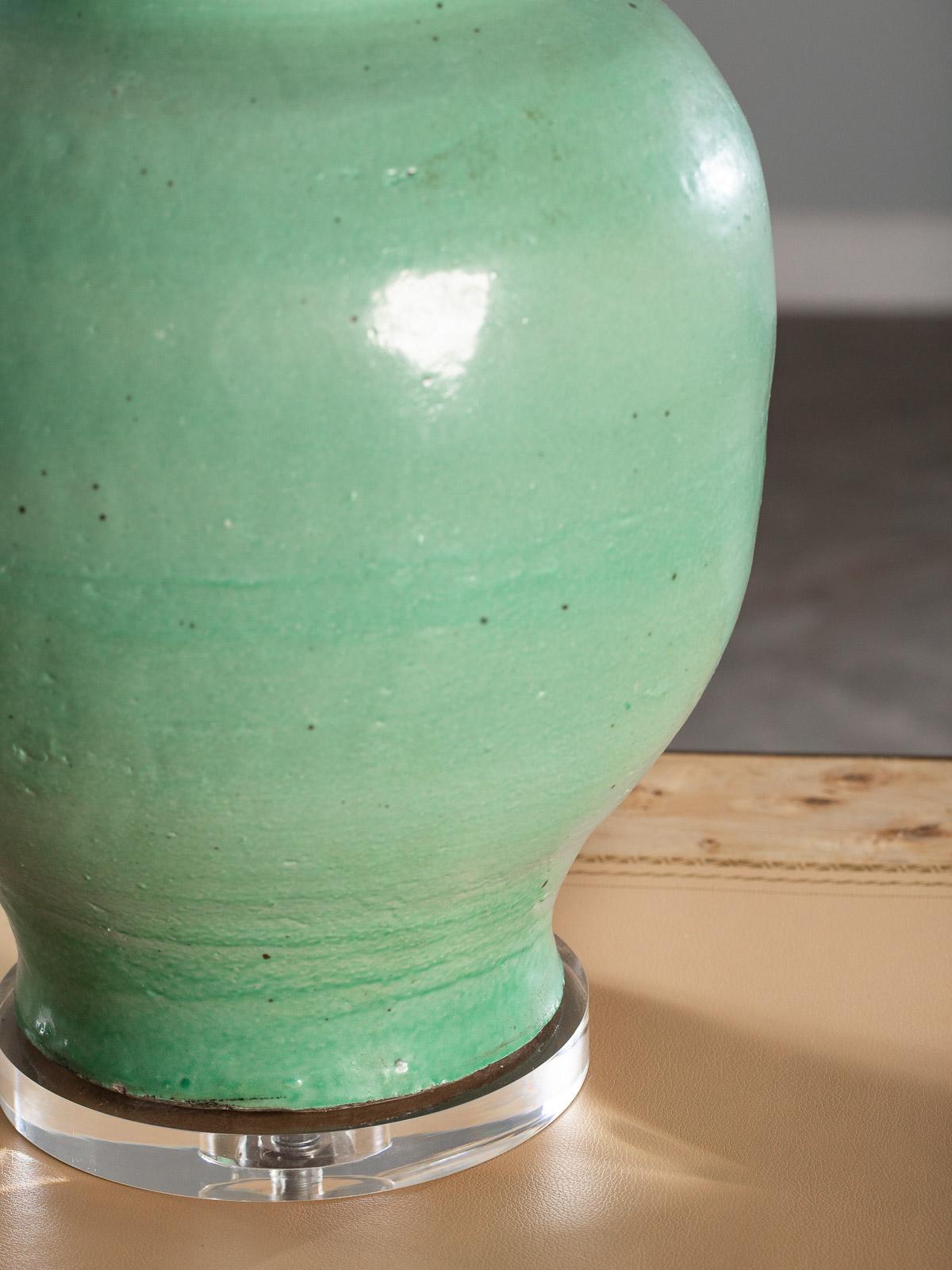 Handmade Turquoise Glazed Ceramic Vases Lamps Custom Lion Hand Made Shades, Pair For Sale 1