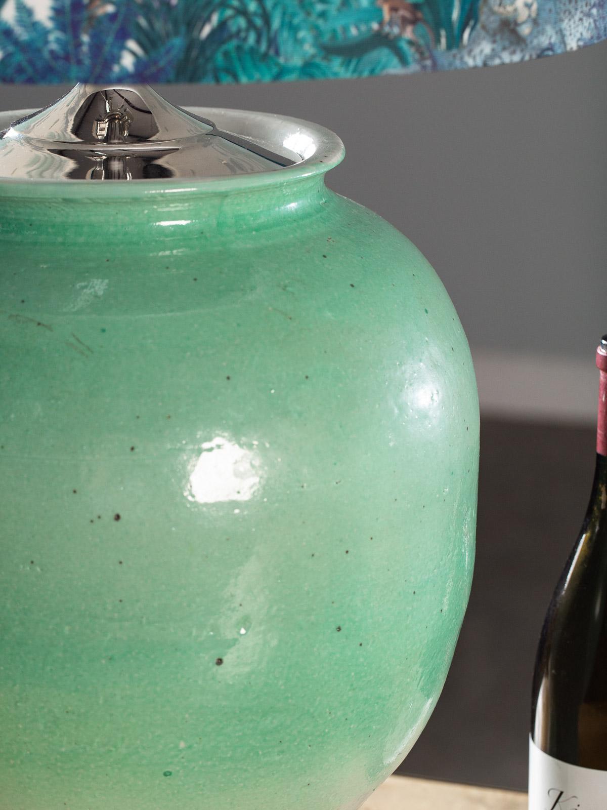 Handmade Turquoise Glazed Ceramic Vases Lamps Custom Lion Hand Made Shades, Pair For Sale 3
