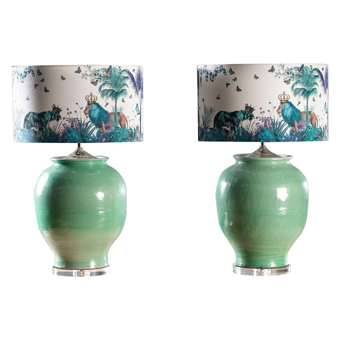 Handmade Turquoise Glazed Ceramic Vases Lamps Custom Lion Hand Made Shades, Pair For Sale