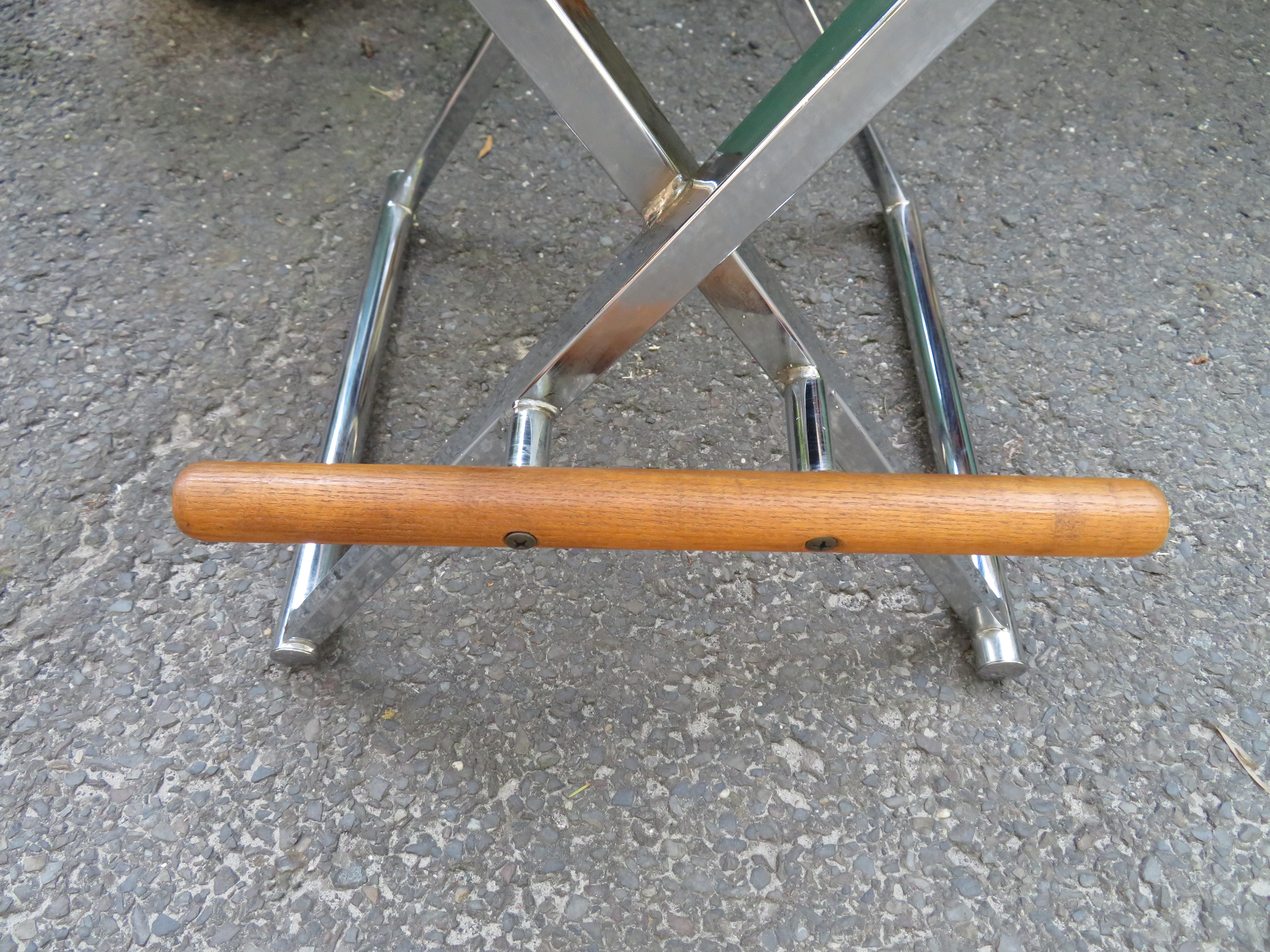 American Pair of Handsome Milo Baughman Style Chrome Directors Chair Bar Stools