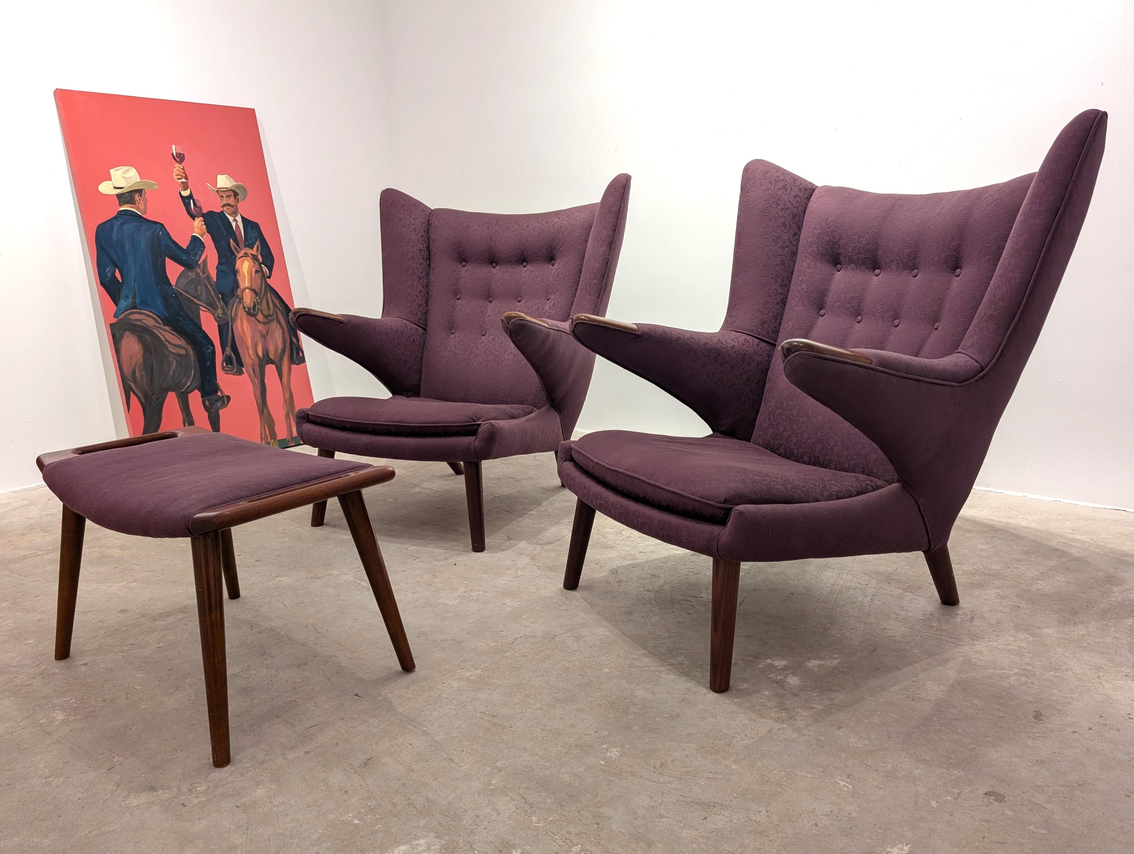 Scandinavian Modern Pair Hans J. Wegner 'Papa Bear' Armchairs, A.P. Stolen, Denmark W/ Ottoman For Sale