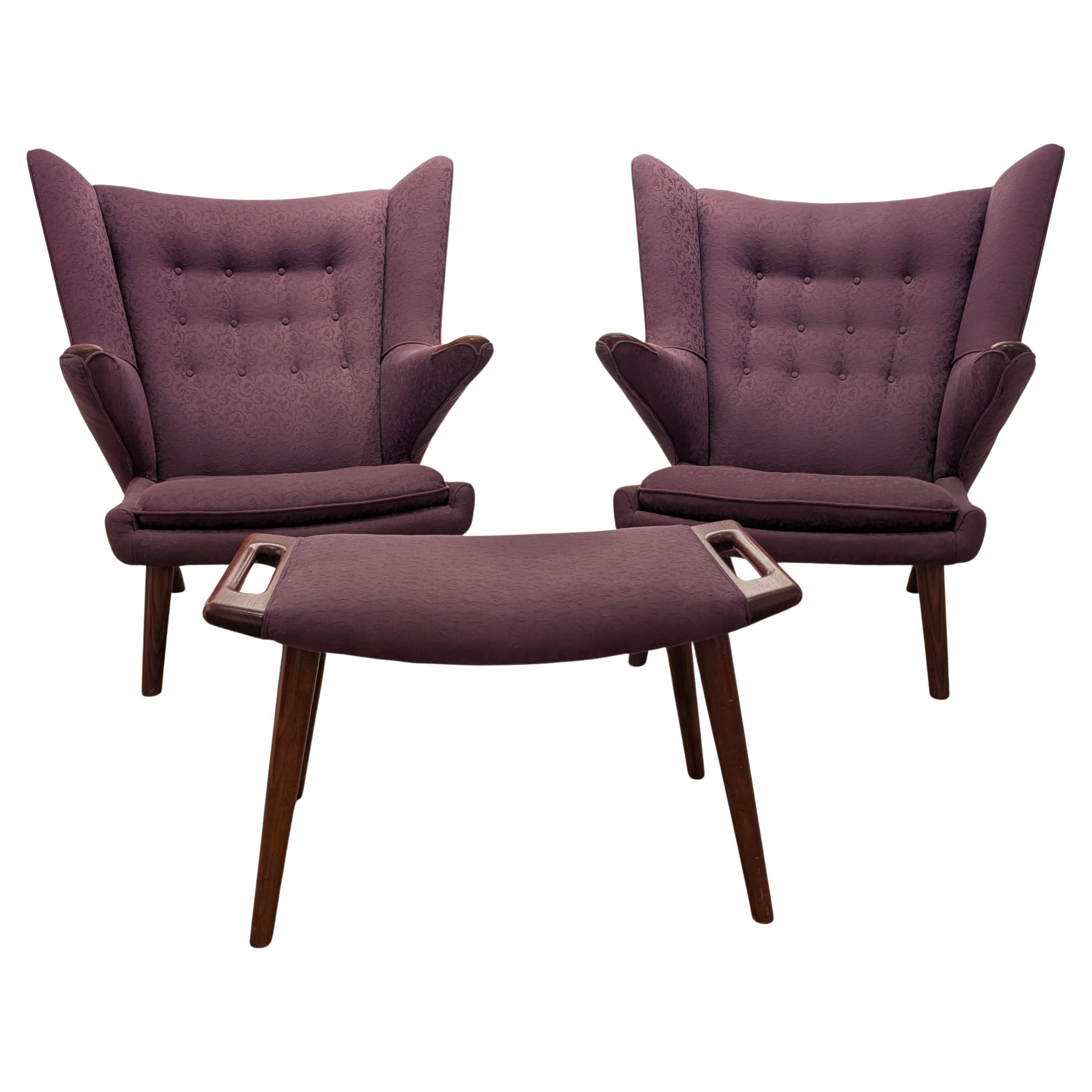 Pair Hans J. Wegner 'Papa Bear' Armchairs, A.P. Stolen, Denmark W/ Ottoman For Sale