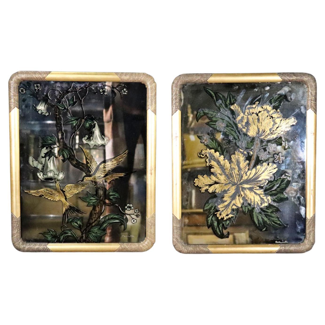 Pair Harriton Eglomise Painted Mirrors Signed For Sale