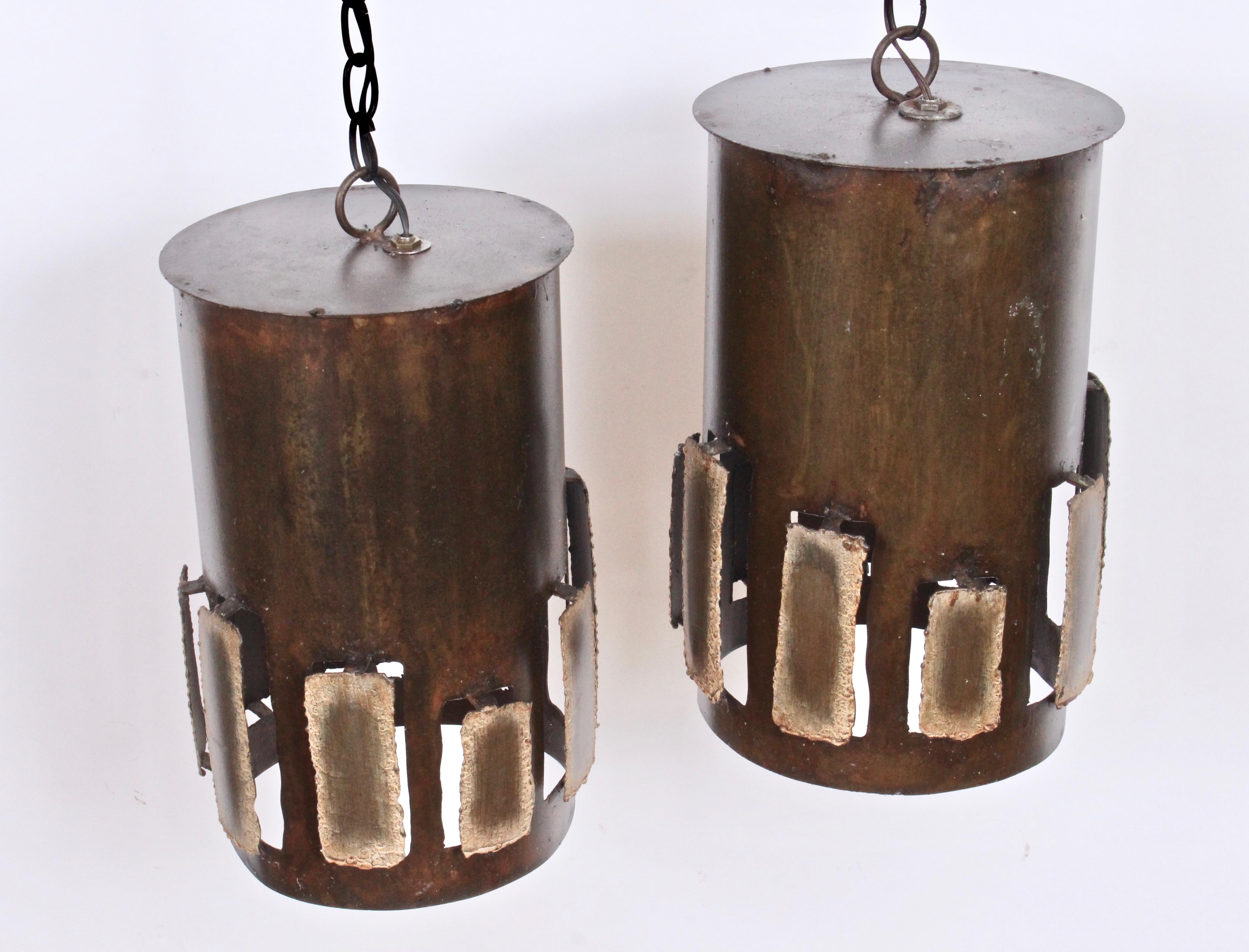American Pair of Harry Balmer Style Brutalist Bronzed Brass Torch Cut Vented Pendants