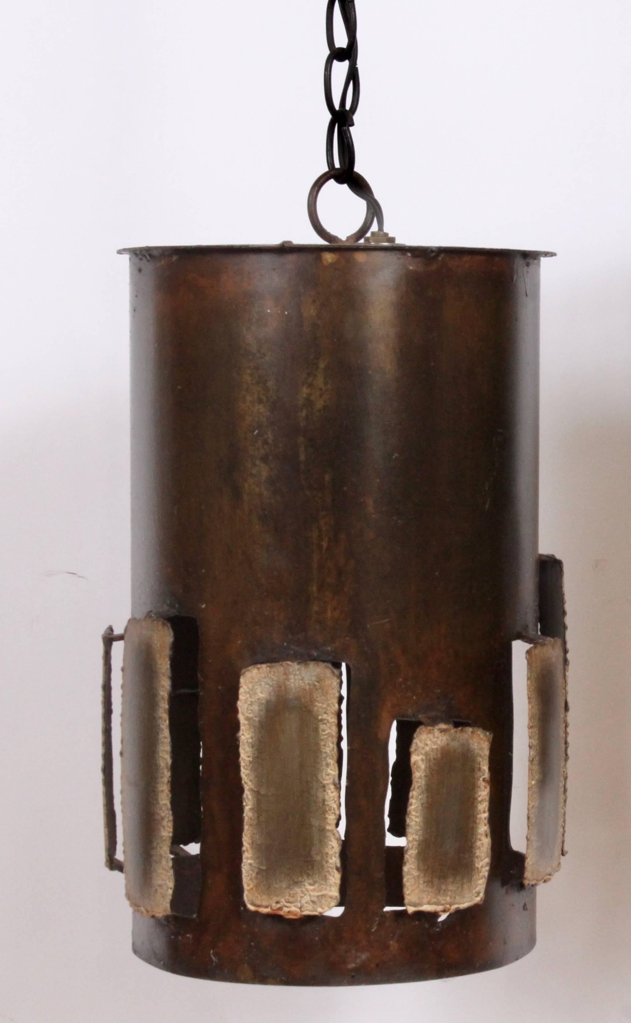 Mid-20th Century Pair of Harry Balmer Style Brutalist Bronzed Brass Torch Cut Vented Pendants