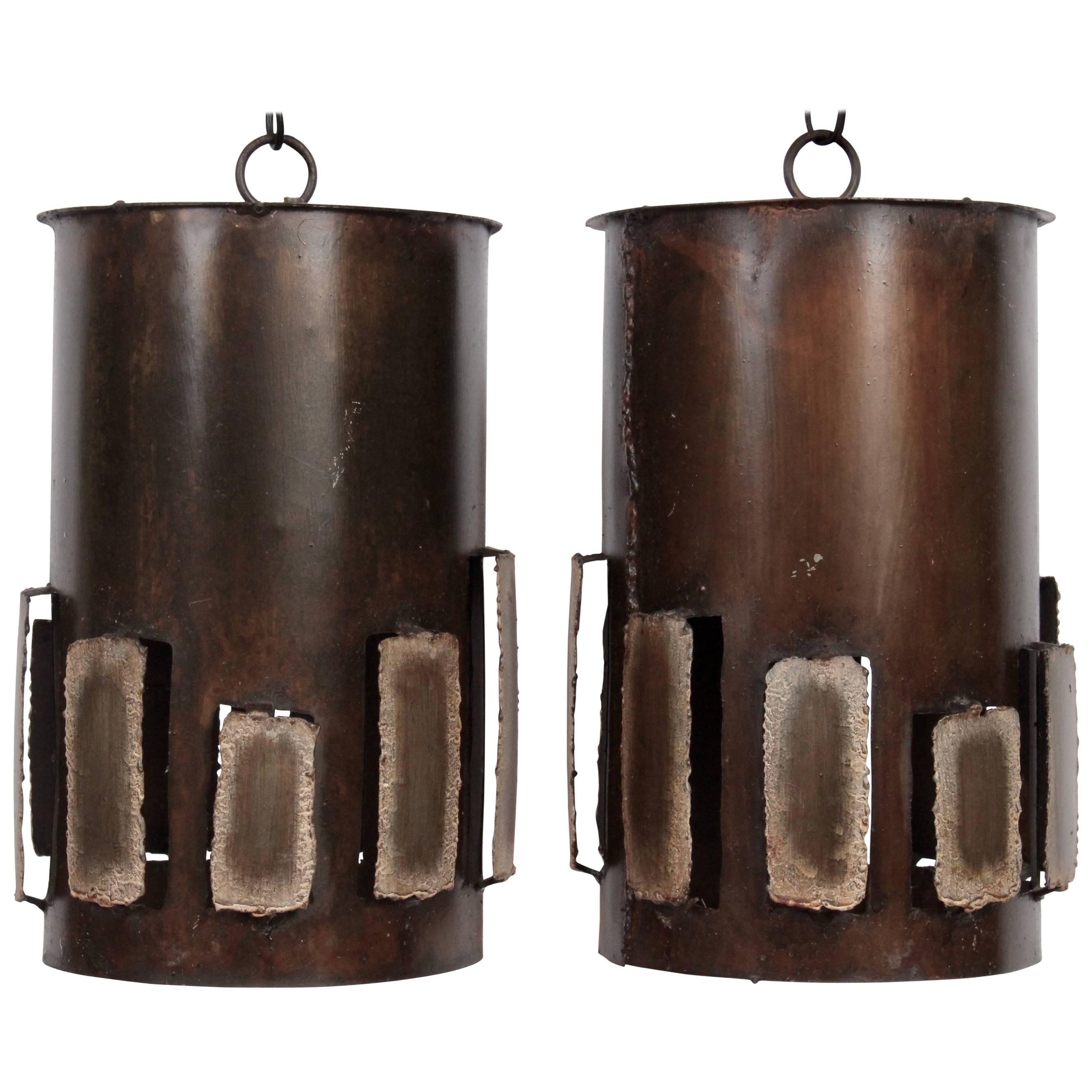 Pair of Harry Balmer Style Brutalist Bronzed Brass Torch Cut Vented Pendants 6