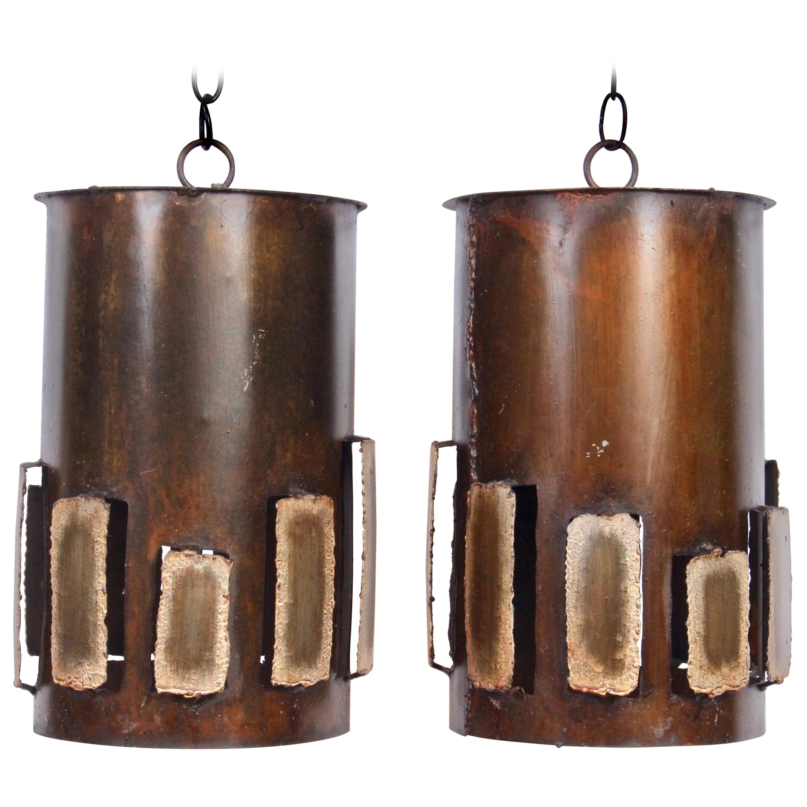 Pair of Harry Balmer Style Brutalist Bronzed Brass Torch Cut Vented Pendants