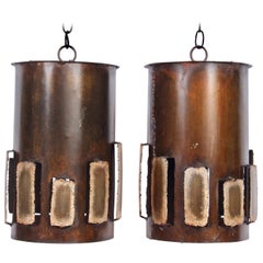 Pair of Harry Balmer Style Brutalist Bronzed Brass Torch Cut Vented Pendants