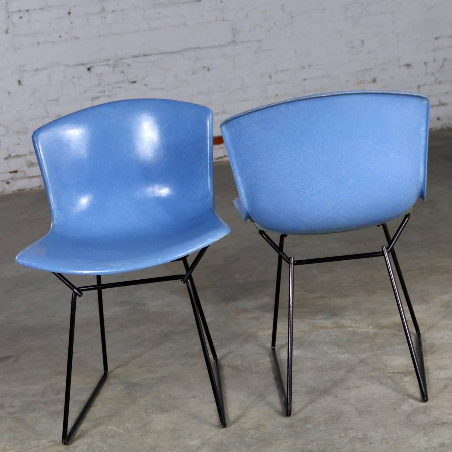 Pair of Harry Bertoia for Knoll Blue Fiberglass Side Chairs Black Wire Base In Good Condition In Topeka, KS