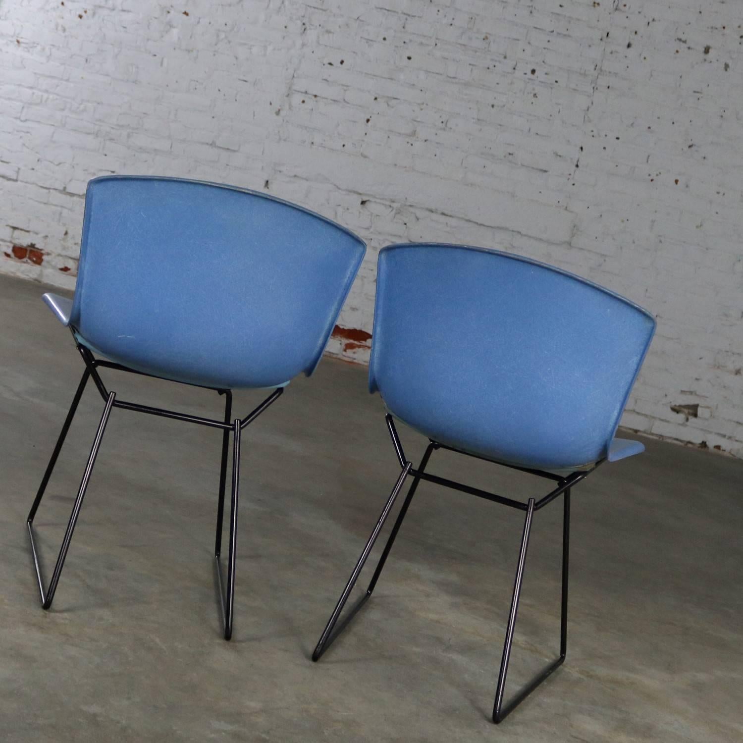 20th Century Pair of Harry Bertoia for Knoll Blue Fiberglass Side Chairs Black Wire Base