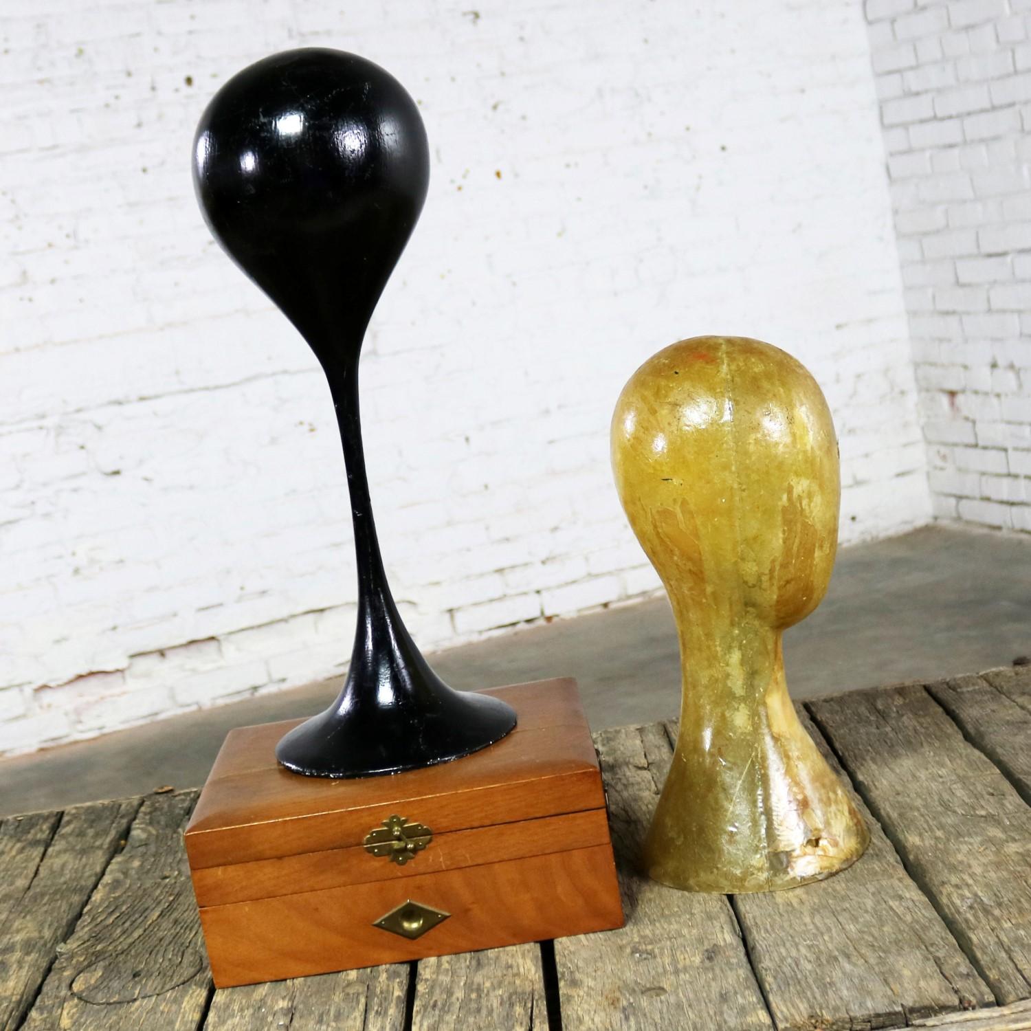 Pair Hat or Wig Display Head Stands Fiberglass Midcentury Modern Tulip Base 3