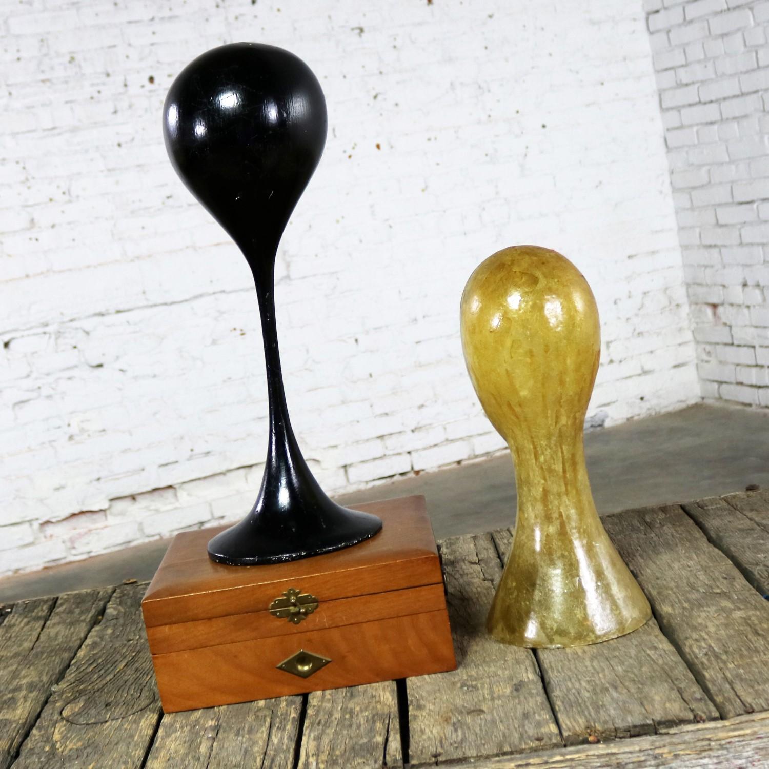 Pair Hat or Wig Display Head Stands Fiberglass Midcentury Modern Tulip Base 4