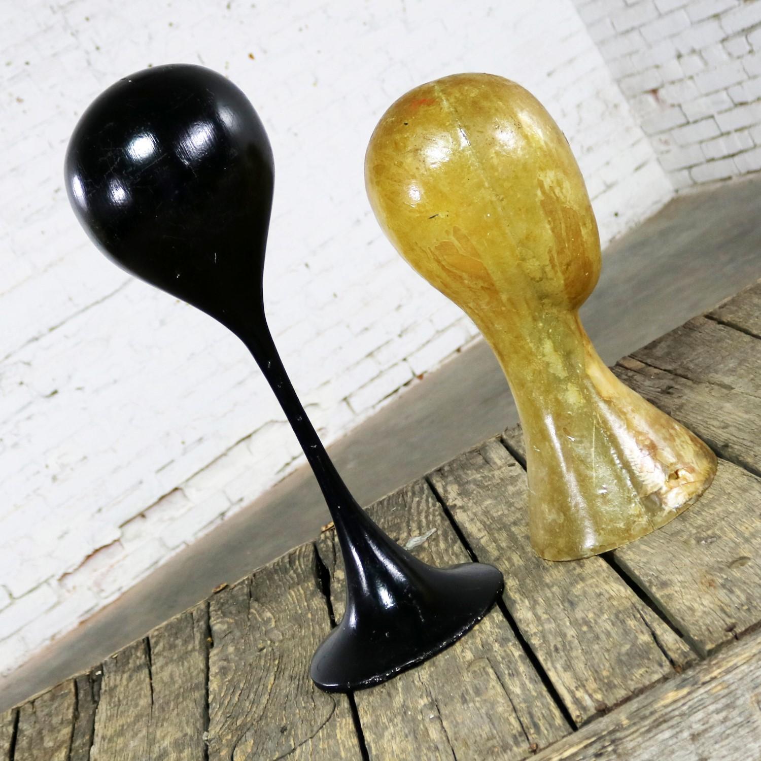American Pair Hat or Wig Display Head Stands Fiberglass Midcentury Modern Tulip Base