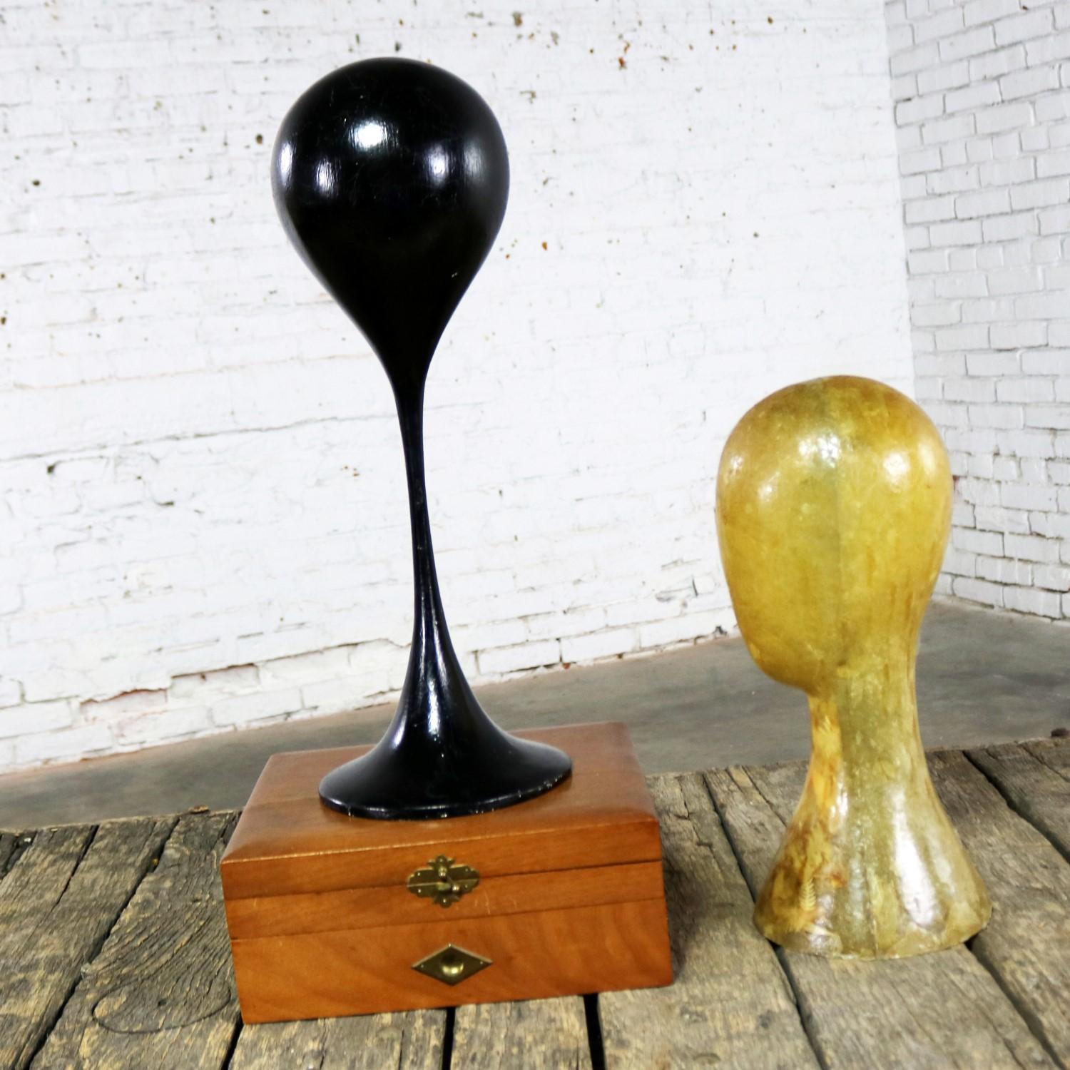 Pair Hat or Wig Display Head Stands Fiberglass Midcentury Modern Tulip Base 1