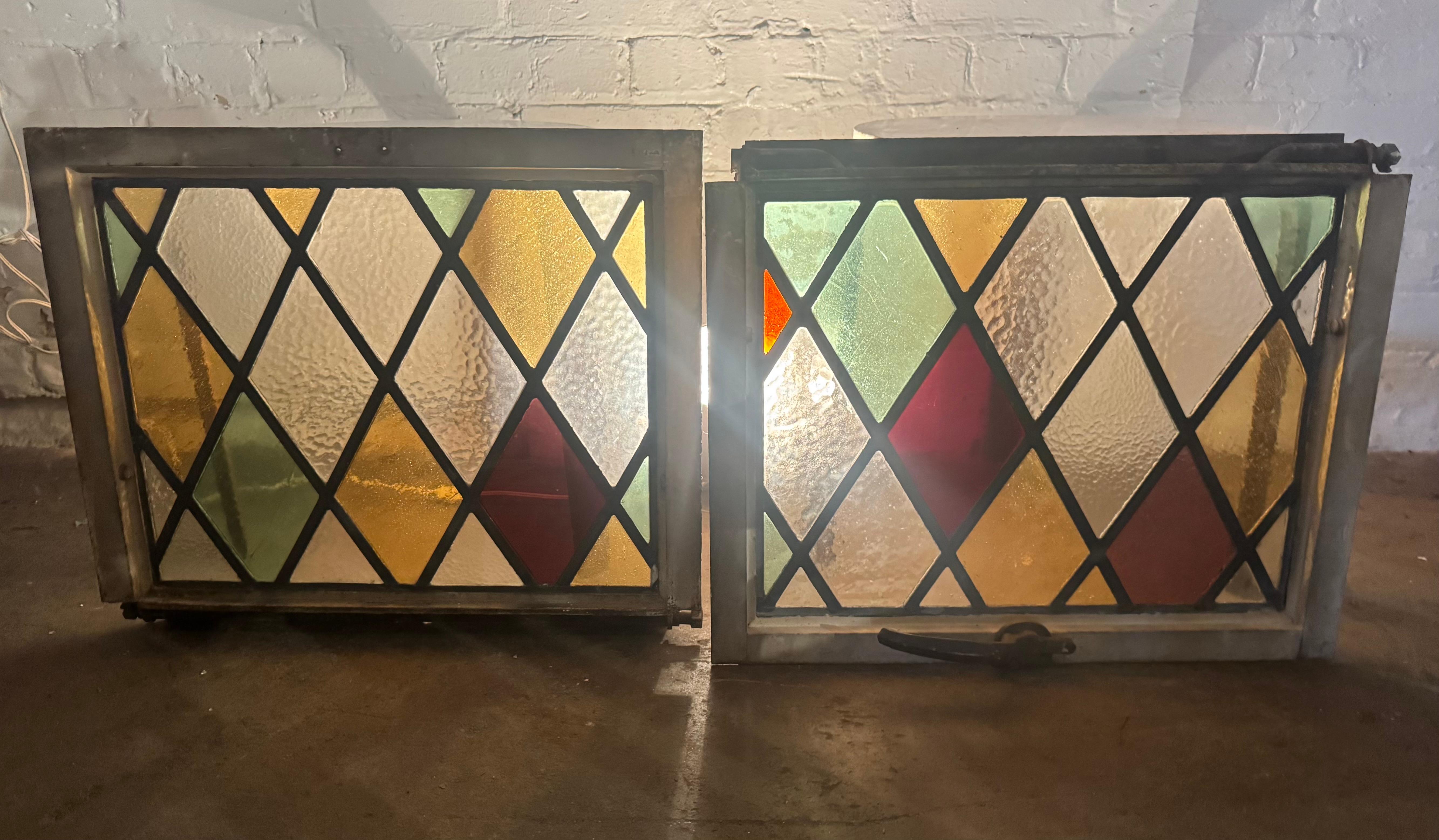 Pair Heavy Cast Iron Frame Tudor Style Diamond Stained Glass Windows For Sale 5