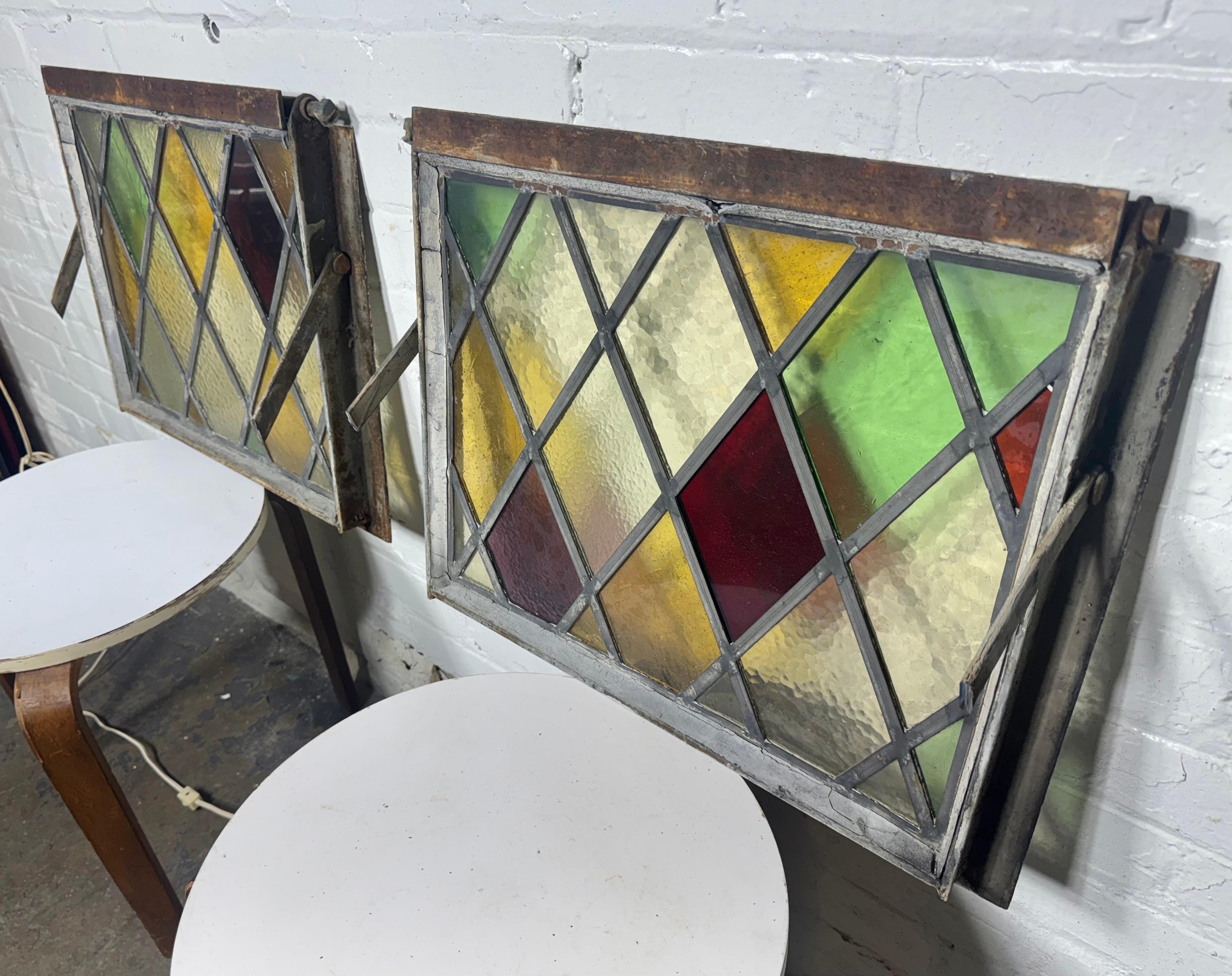 Pair Heavy Cast Iron Frame Tudor Style Diamond Stained Glass Windows ... Upper and lower,, Retain original hardware.. 