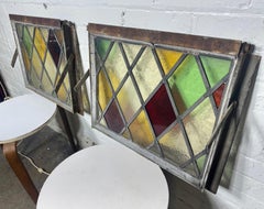 Pair Heavy Cast Iron Frame Tudor Style Diamond Stained Glass Windows