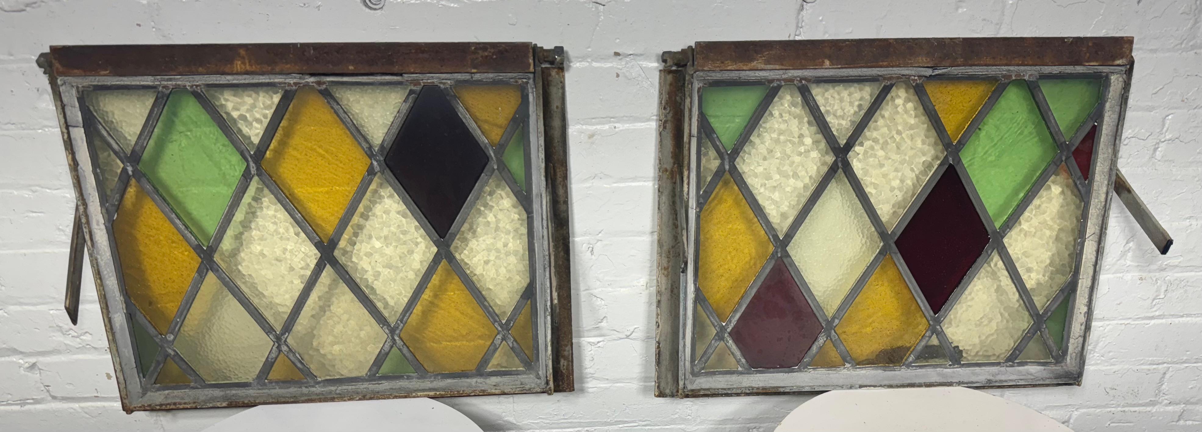 Unknown Pair Heavy Cast Iron Frame Tudor Style Diamond Stained Glass Windows For Sale