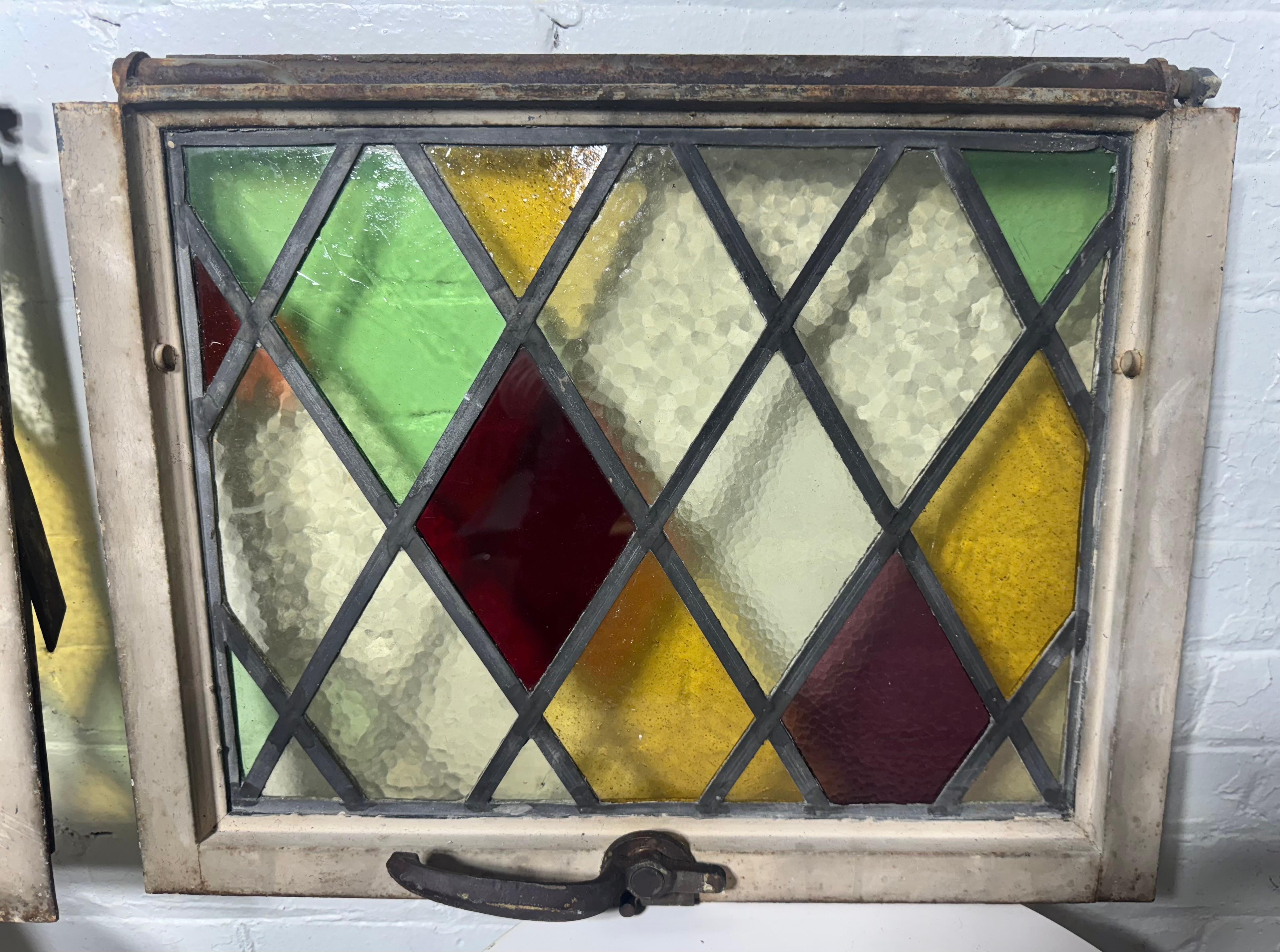 Pair Heavy Cast Iron Frame Tudor Style Diamond Stained Glass Windows For Sale 1