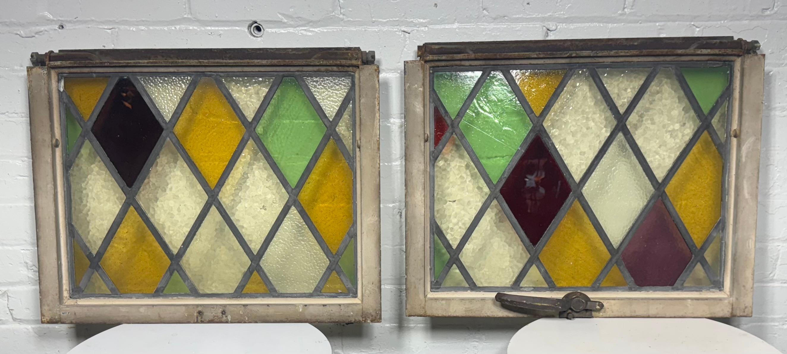 Pair Heavy Cast Iron Frame Tudor Style Diamond Stained Glass Windows For Sale 2