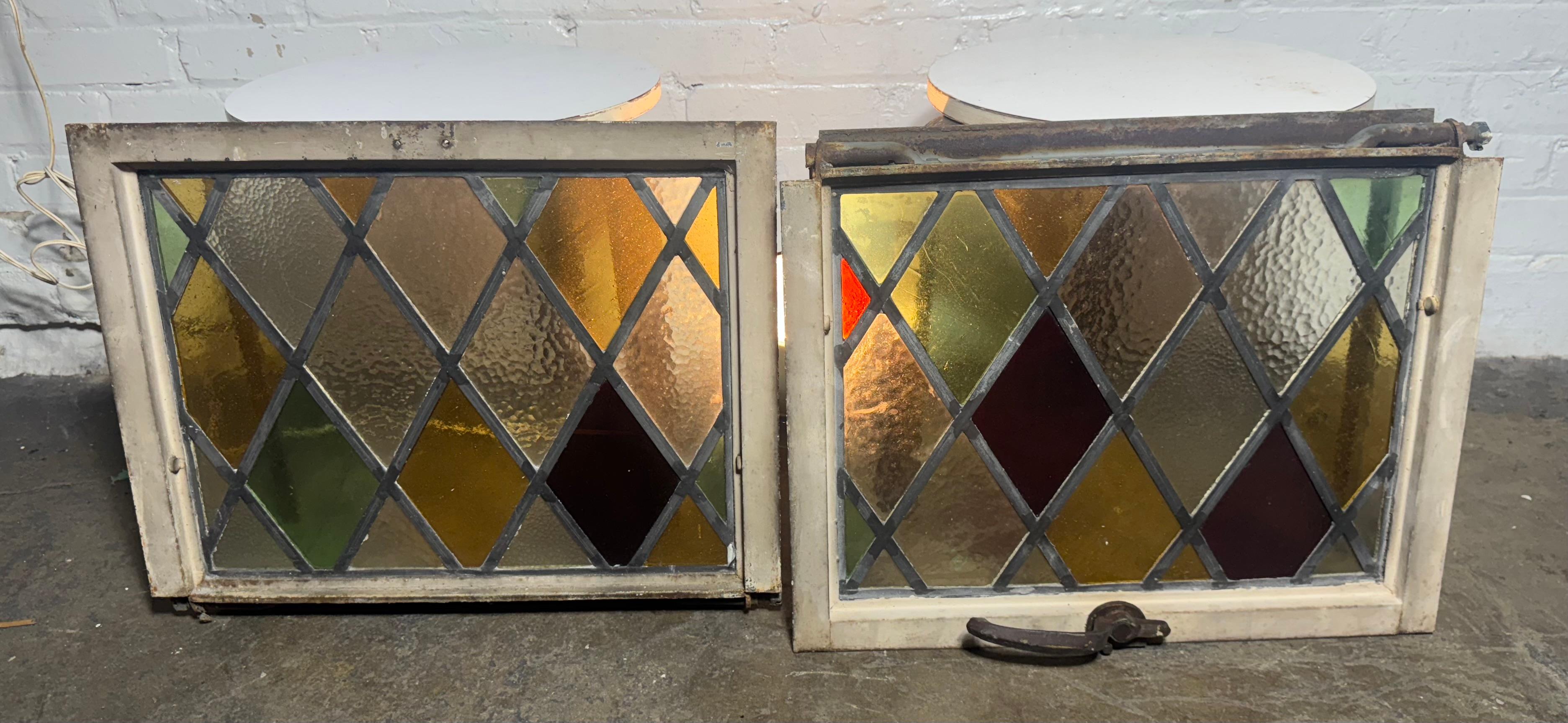 Pair Heavy Cast Iron Frame Tudor Style Diamond Stained Glass Windows For Sale 3