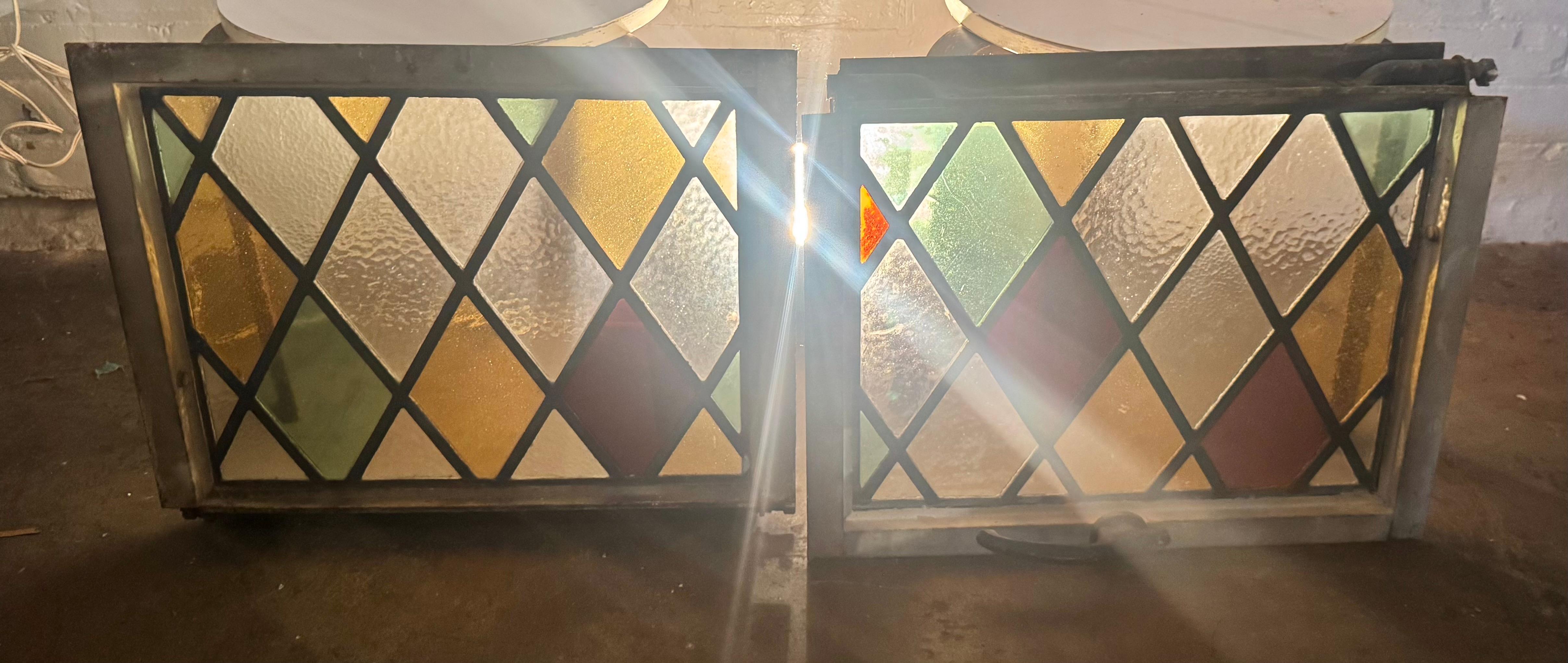 Pair Heavy Cast Iron Frame Tudor Style Diamond Stained Glass Windows For Sale 4