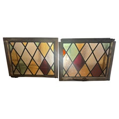 Pair Heavy Cast Iron Frame Tudor Style Diamond Stained Glass Windows