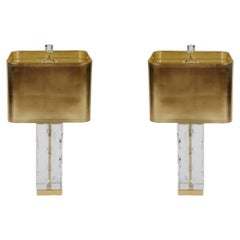 Pair Heavy Cut Glass Italian Art Deco Style Table Lamps
