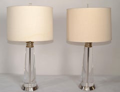 Pair, Heavy Mid-Century Modern Cone Glass Shape & Chrome Table Lamps Drum Shades