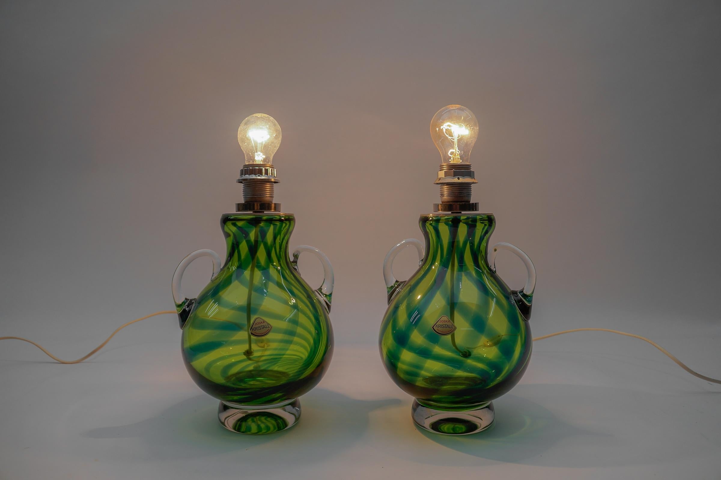 Art Glass Pair Heavy Mid-Century Modern Handblown Glass Table Lamp by Joska, 1970s Germany For Sale