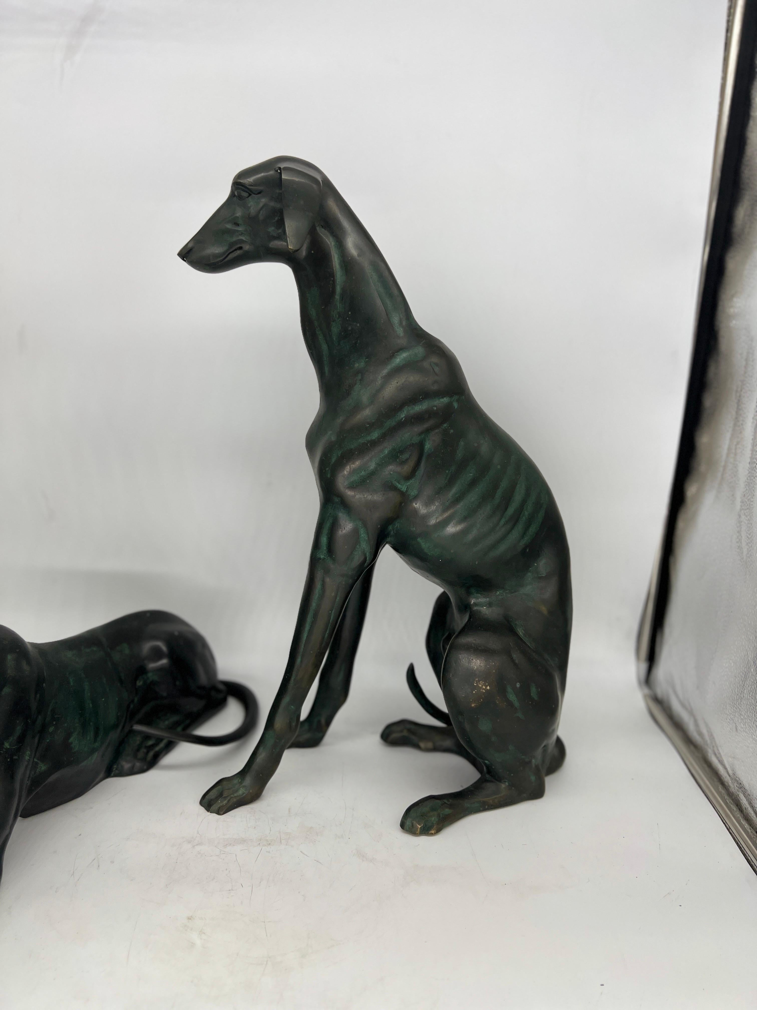 Pair, Heavy Patinated Bronze Whippet Dog Statues In Good Condition For Sale In Atlanta, GA