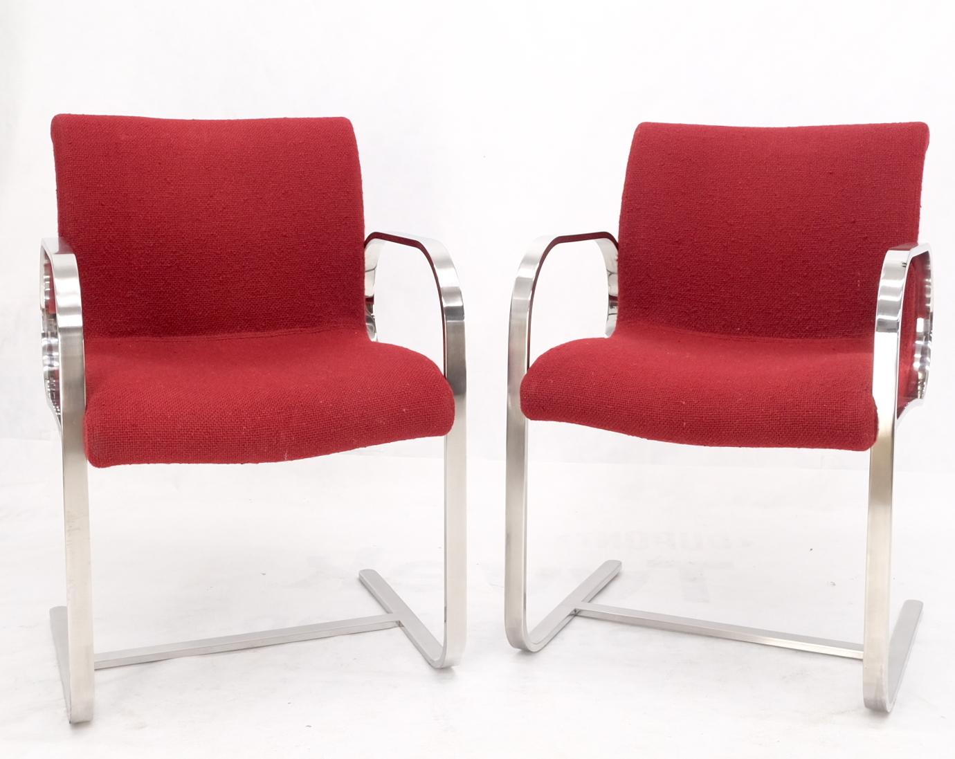 Mid-Century Modern Pair Heavy Solid Stainless Steel Formed Bend Frame Side Lounge Chairs Red Uphols For Sale