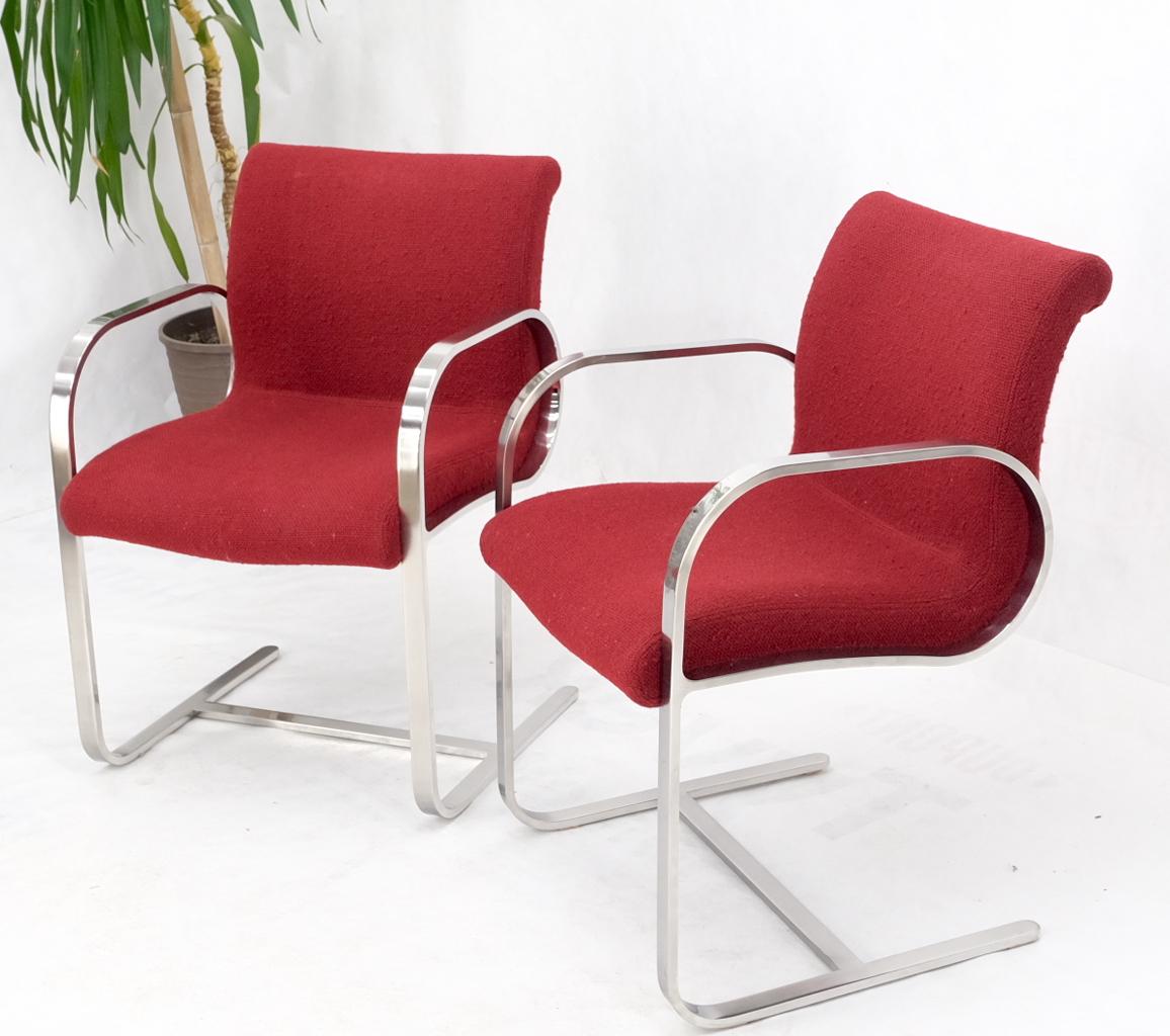 Polished Pair Heavy Solid Stainless Steel Formed Bend Frame Side Lounge Chairs Red Uphols For Sale