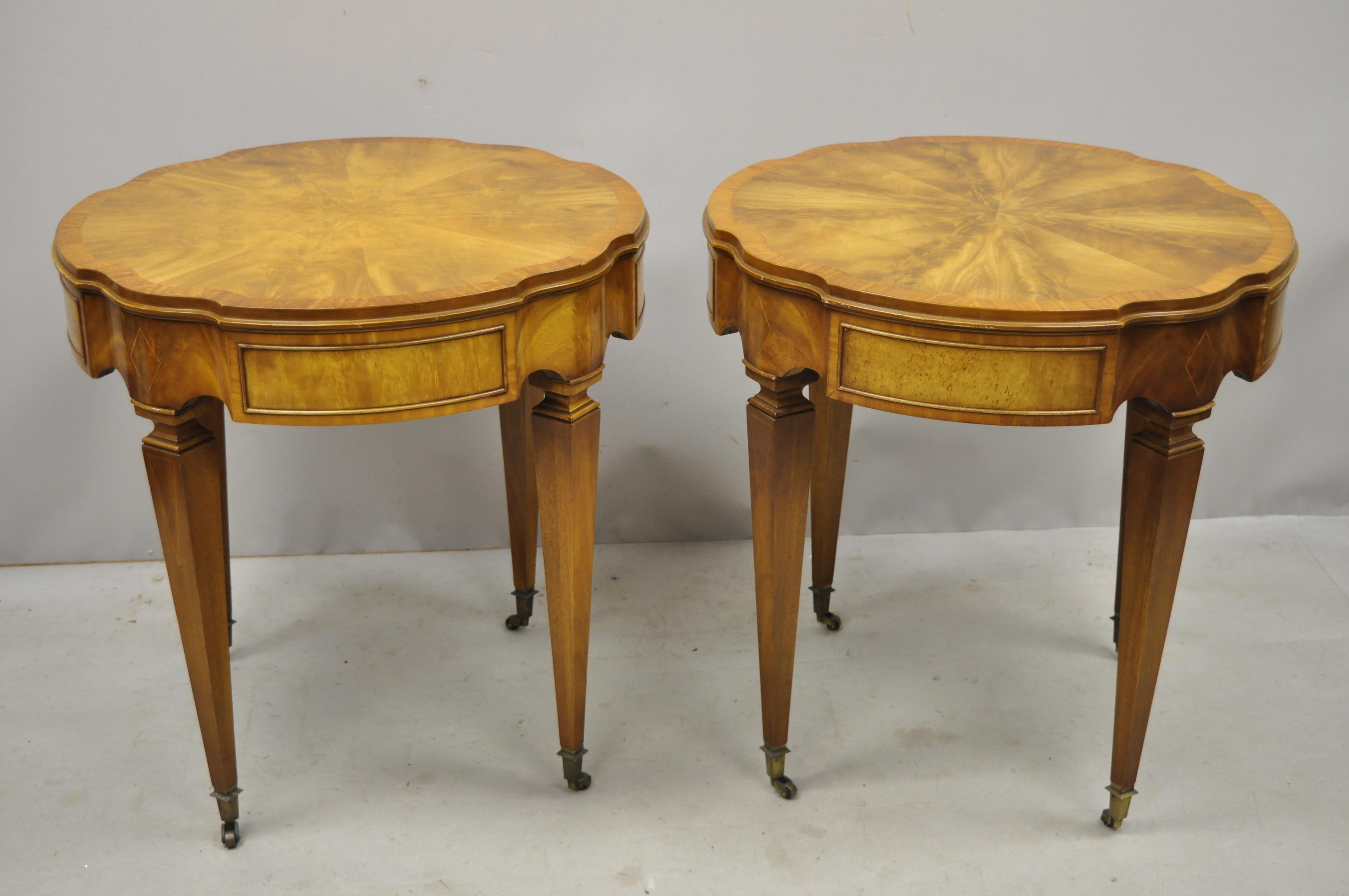 Pair of Heirloom Weiman Crotch Flame Mahogany Federal One Drawer Side End Tables 1