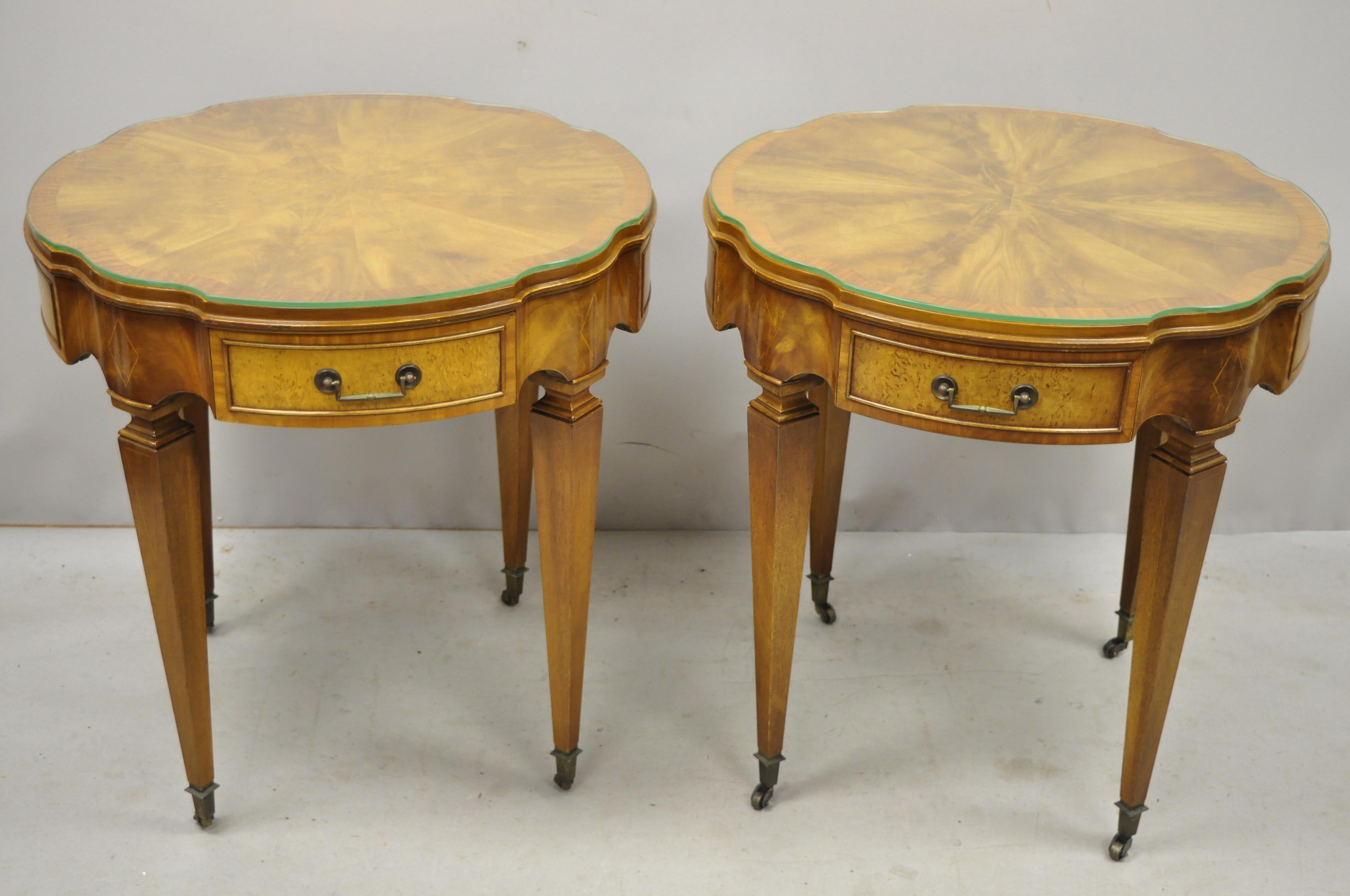Pair of Heirloom Weiman Crotch Flame Mahogany Federal One Drawer Side End Tables 3