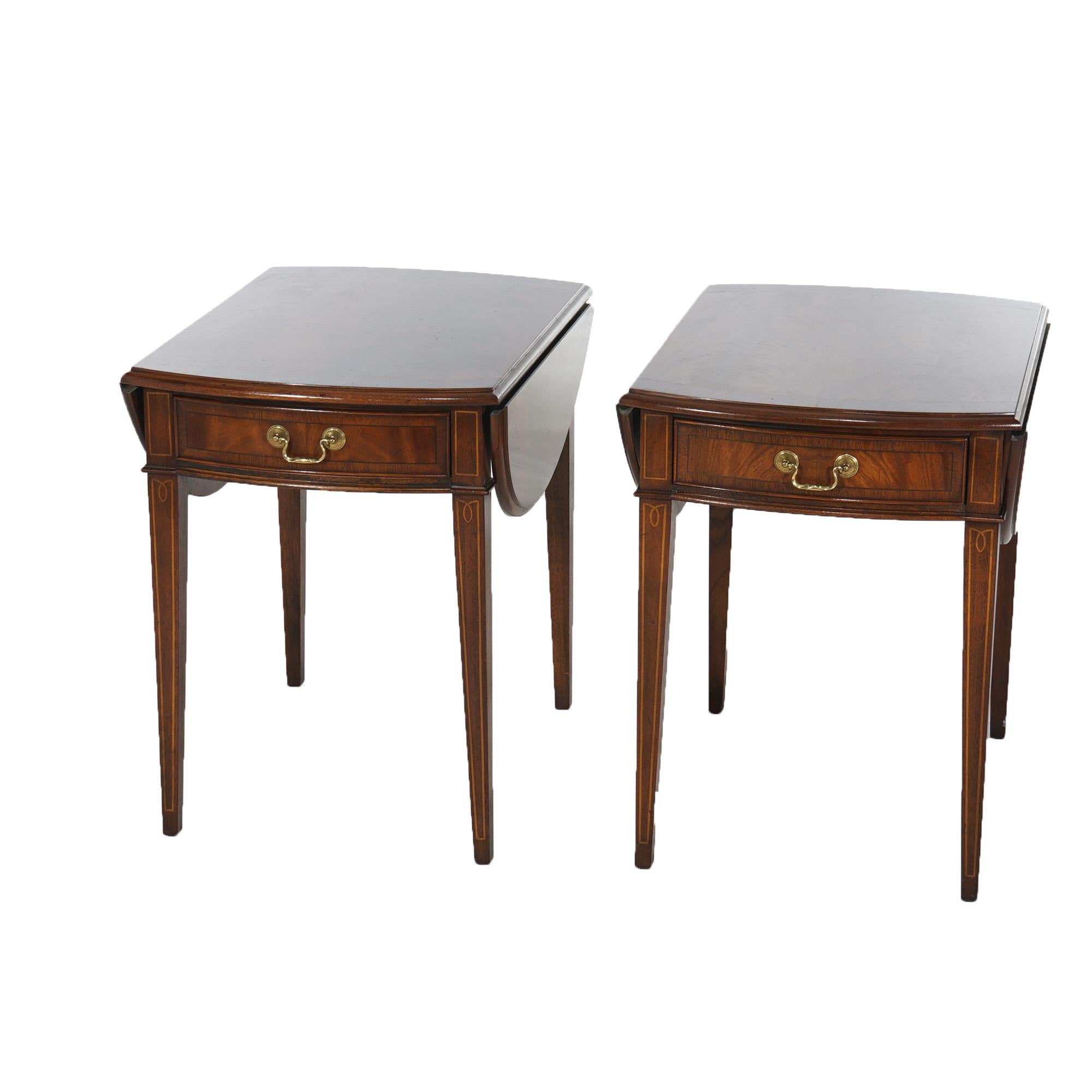 ***Ask About Reduced In-House Delivery Rates - Reliable Professional Service & Fully Insured***
Pair Hekman Pembroke Style Flame Mahogany Side Tables having Drop Leaf Top over Single Drawer Case and Raised on Tapered straight Legs, Made in Grand