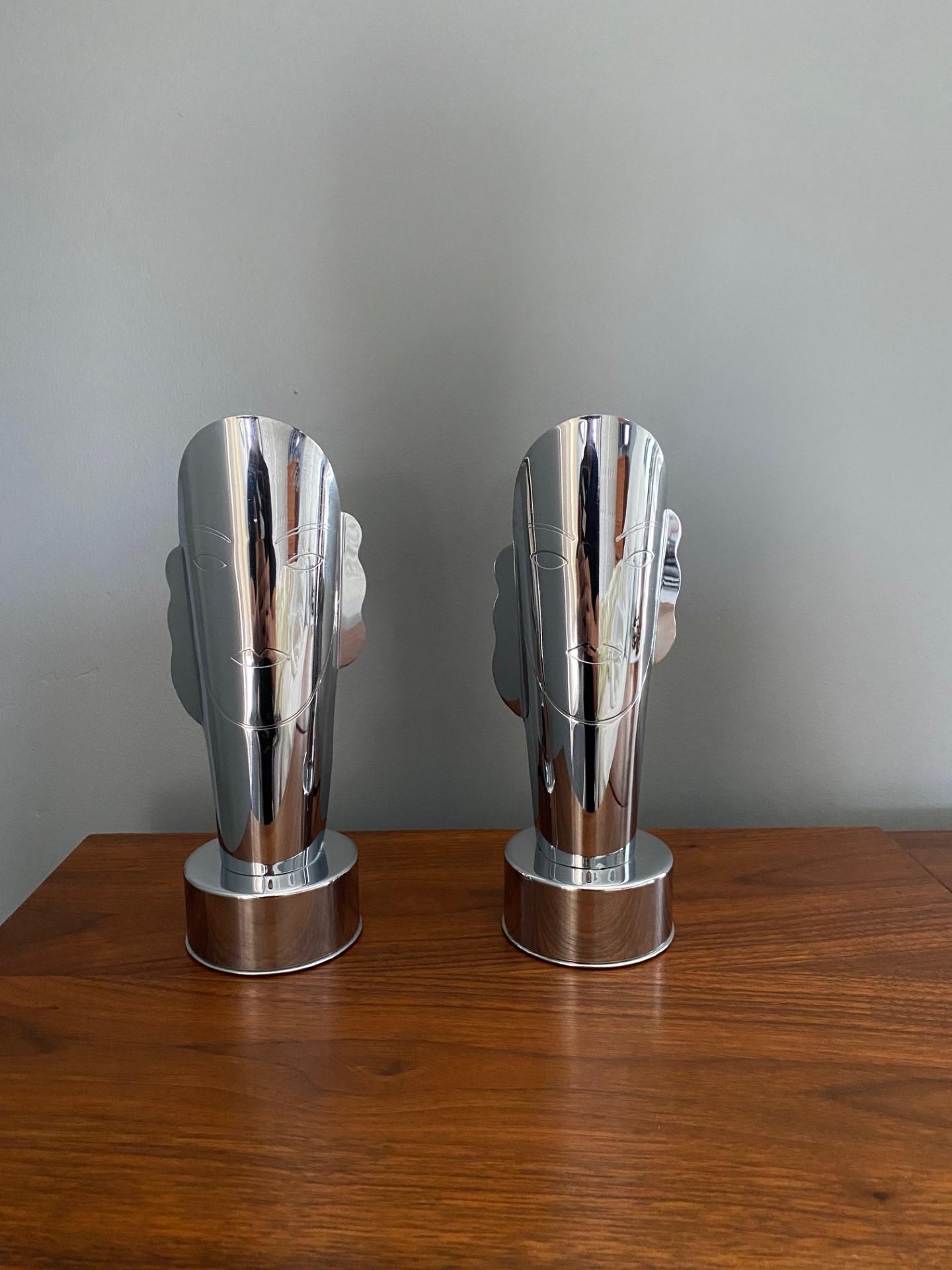 Pair Helen Dryden “Masque” Art Deco Face Lamps for Revere Chrome and Cooper Co. For Sale 1
