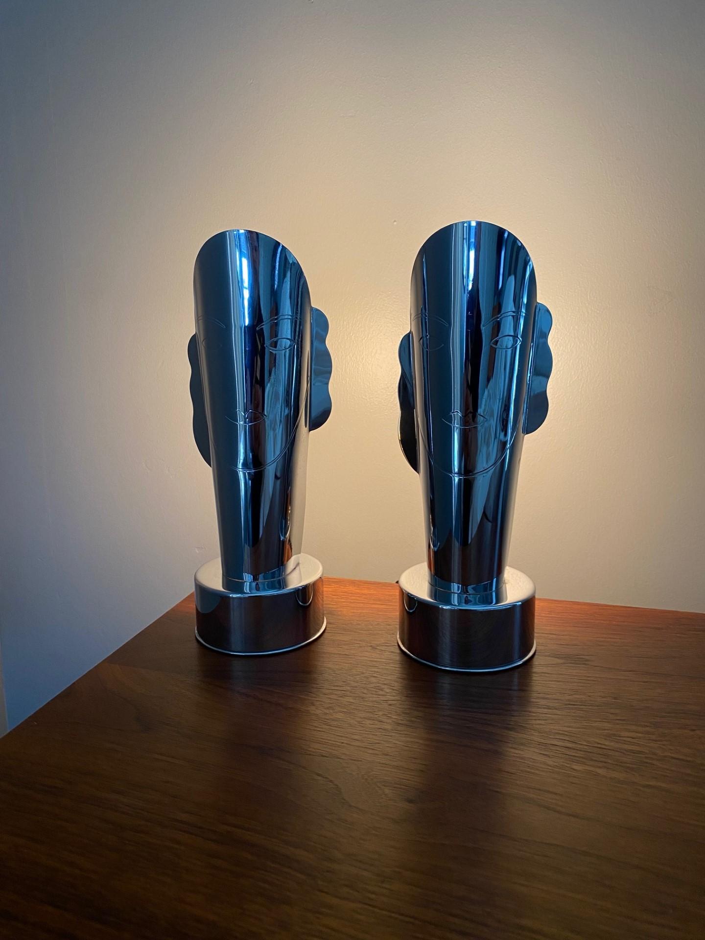 Pair Helen Dryden “Masque” Art Deco Face Lamps for Revere Chrome and Cooper Co. For Sale 2