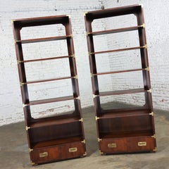 Pair Henredon Campaign Style Walnut Bookcases Display Cases or Shelves Brass Det