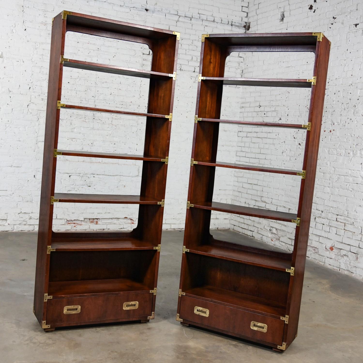 American Pair Henredon Campaign Style Walnut Bookcases Display Cases or Shelves Brass Det For Sale