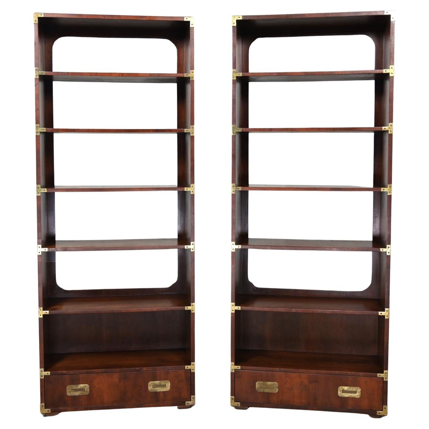 Pair Henredon Campaign Style Walnut Bookcases Display Cases or Shelves Brass Det For Sale
