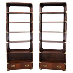 Used Pair Henredon Campaign Style Walnut Bookcases Display Cases or Shelves Brass Det