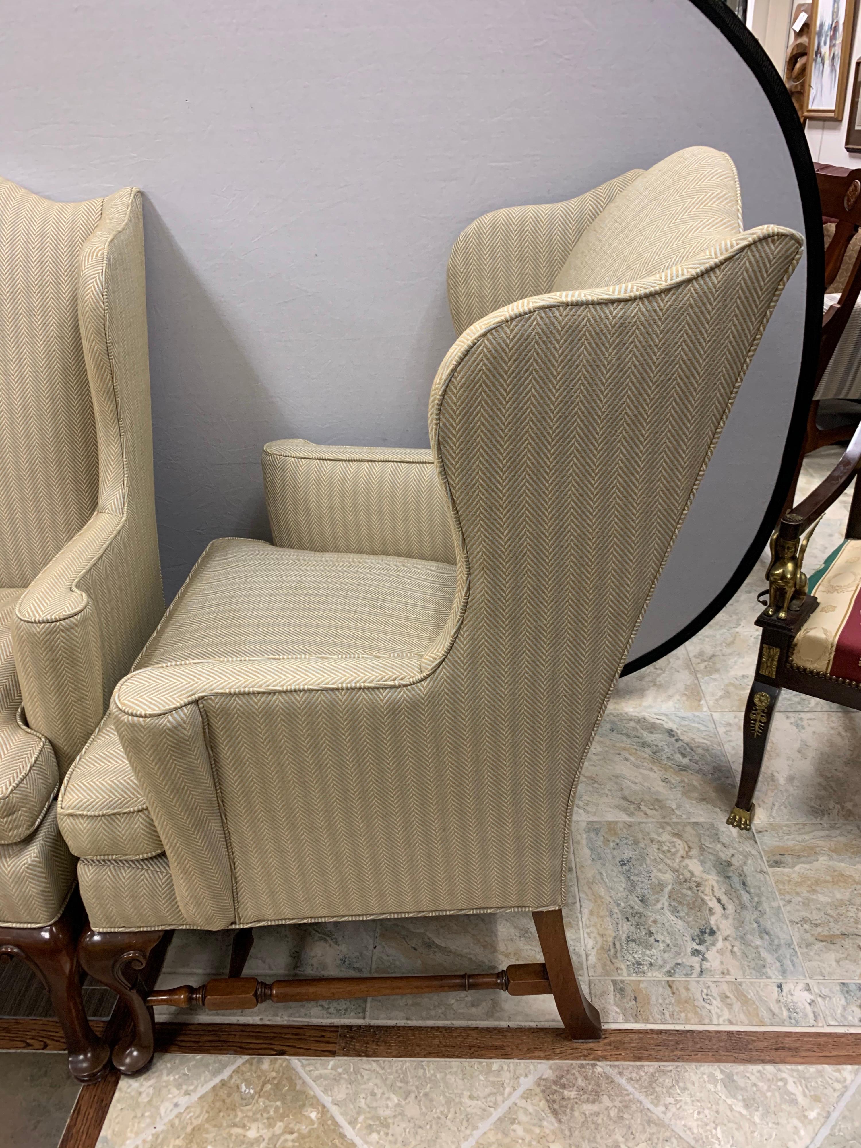 Fabric Pair of Henredon Chippendale Wingback Reading Chairs
