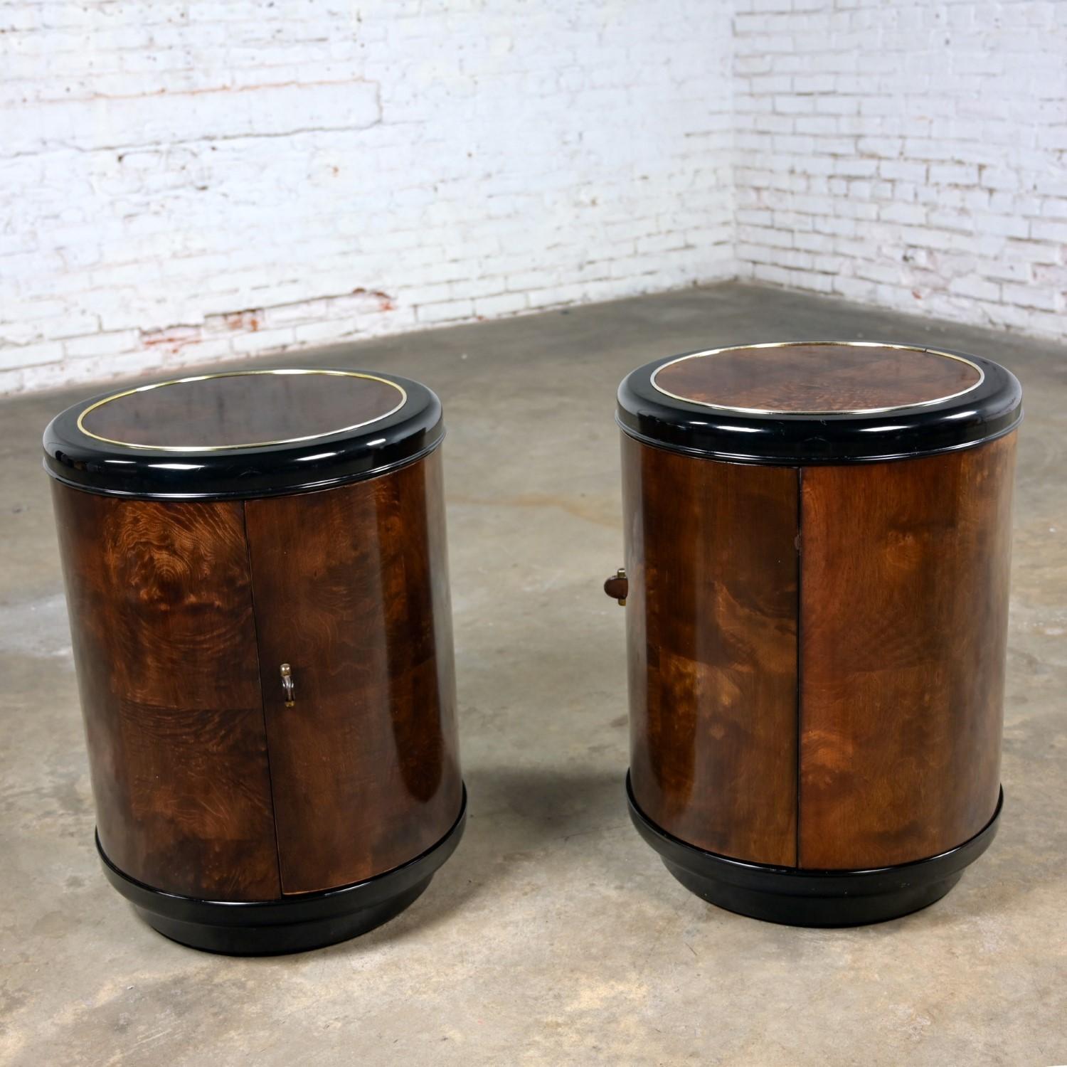 Pair Henredon Modern Black Lacquer & Burl Cylinder End Tables or Nightstands  For Sale 4